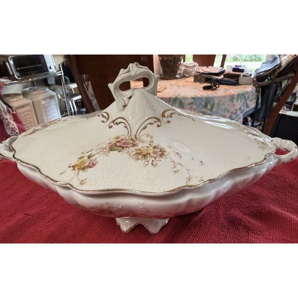 Antique 1901 East Liverpool Potteries Covered Veggie Tureen 11" Oval Farmhouse